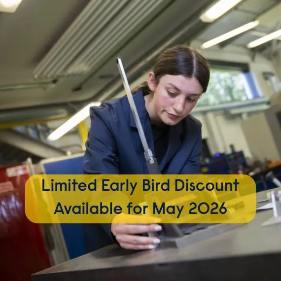 Engineering student in workshop with text overay reading: 